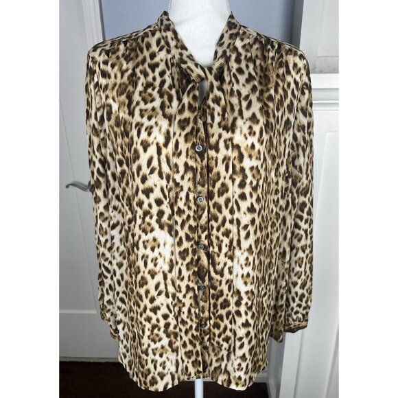 J Crew Womens Plus 3X Leopard Print Long Sleeve Tie Collar Blouse Brown - Picture 1 of 11